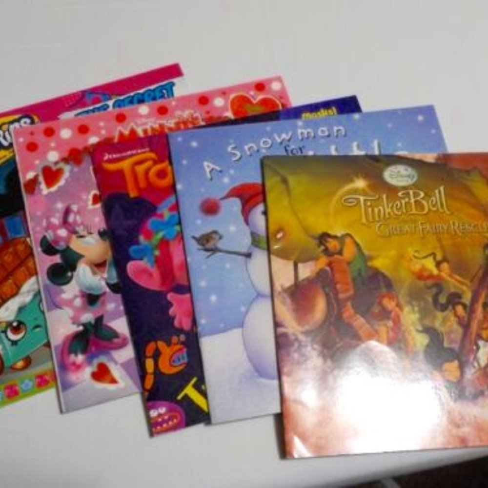 Girls 5 Book Lot NEW Condition (Tinker Bell, Minnie Ms., Trolls, Shopkins) PB